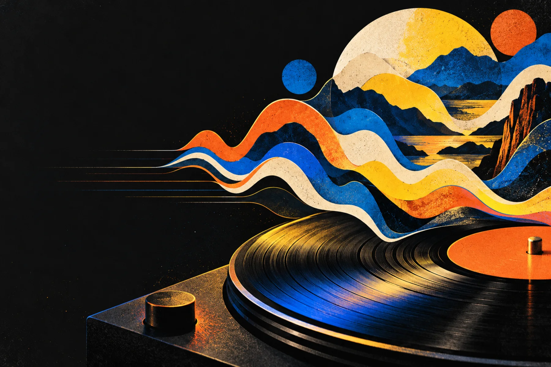 Music Discovery and Practical Listening Guides: a turntable sending layered sound waves into a mountain landscape